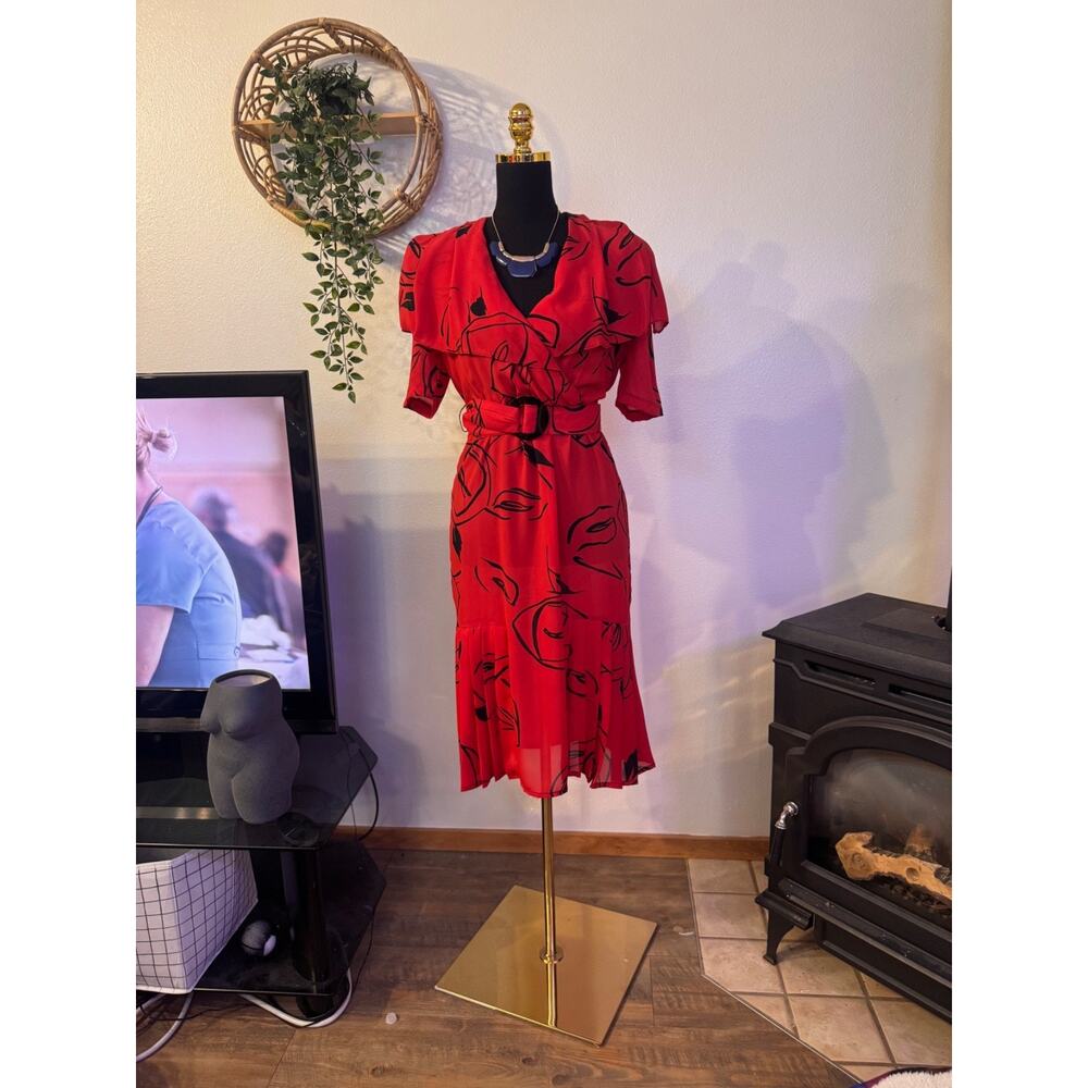 80s Vintage Secretary Boss Lady Red Dress Size S Pre-Owned - Picture 13 of 13
